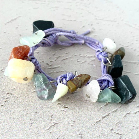 Gemstone Nugget Bracelet - Multi Charm - Purple Waxed Woven Cord - Picture 3 of 3